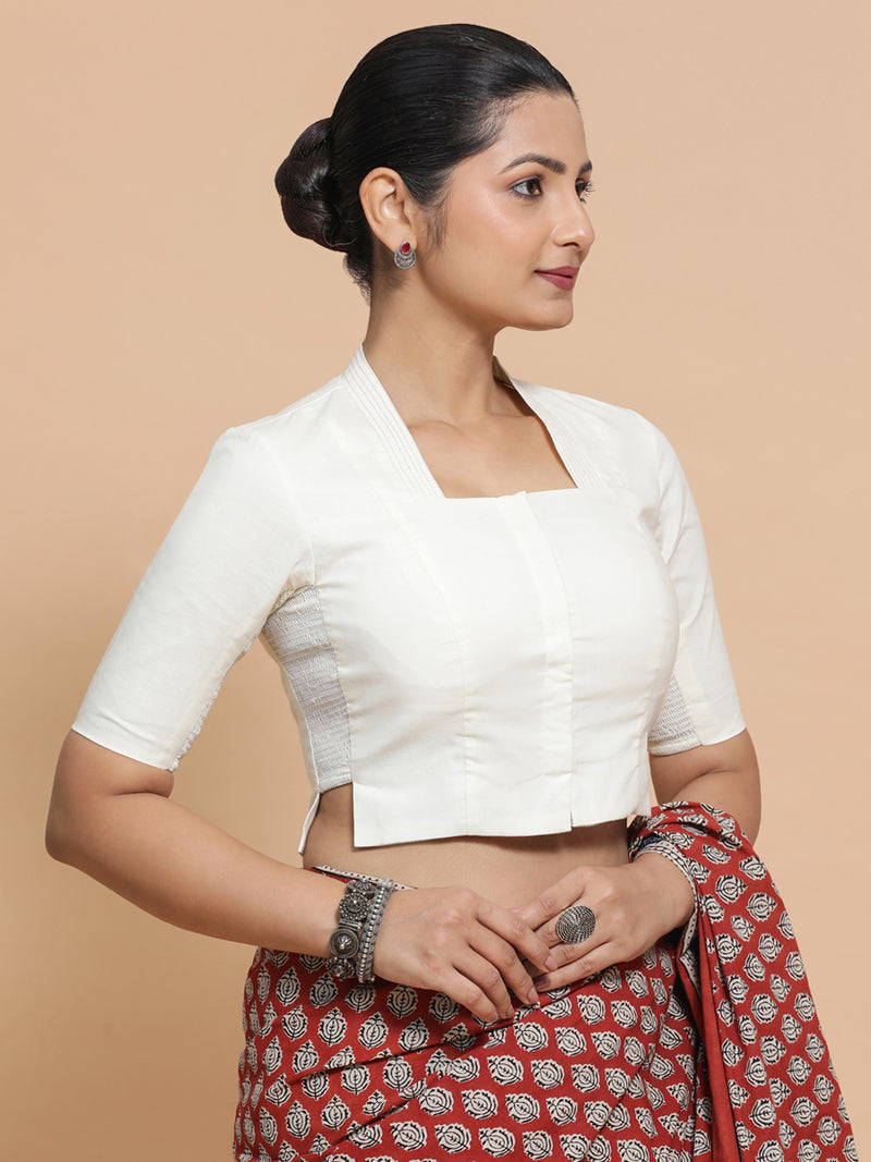 Ganga x Rozaana | Stylised Neck Ivory Mist Plain Cotton Saree Blouse-Binks