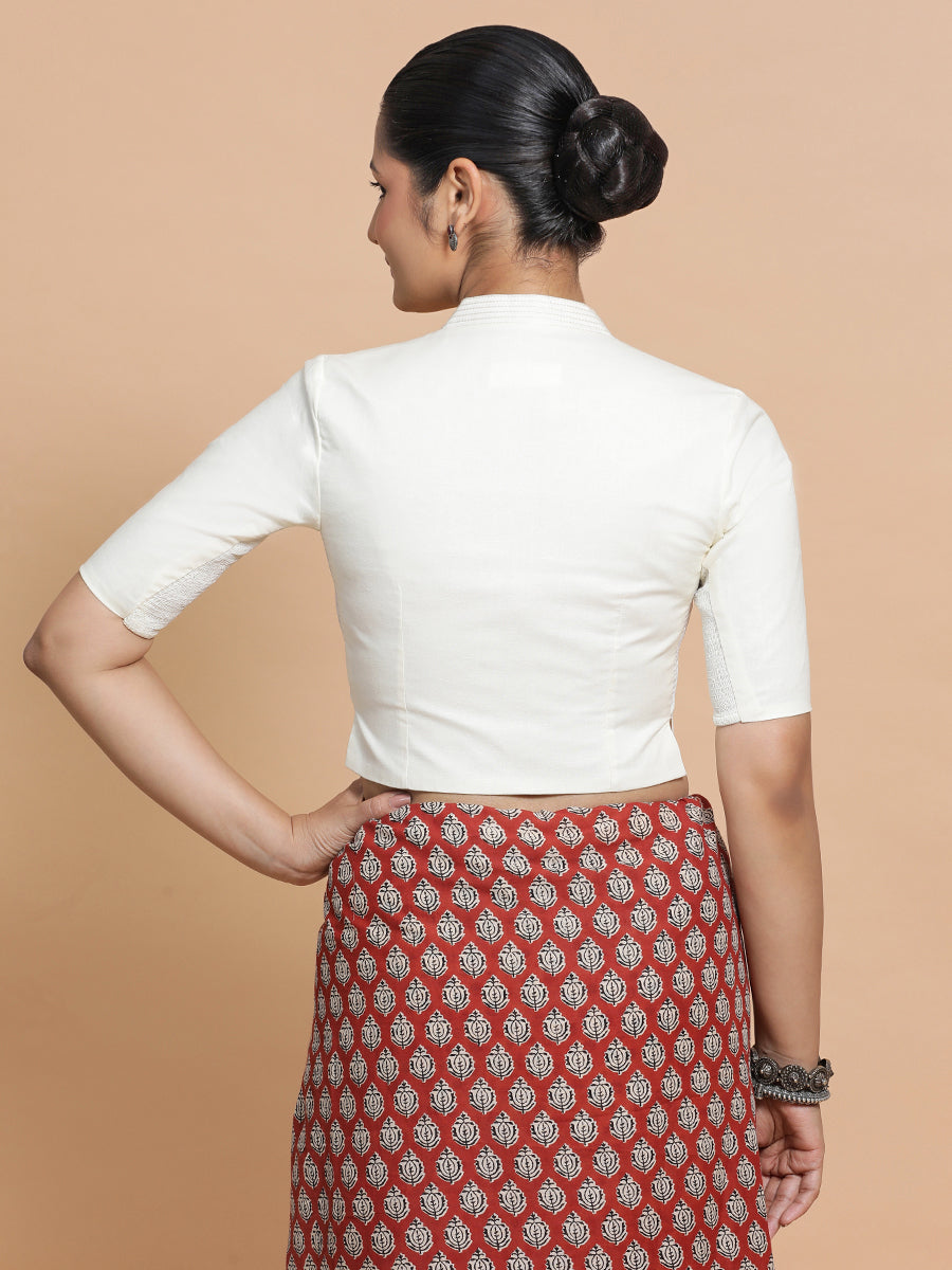 Ganga x Rozaana Saree Blouse, in White Cotton, featuring elbow sleeves and stylised neckline, made for daily & work (view 2).