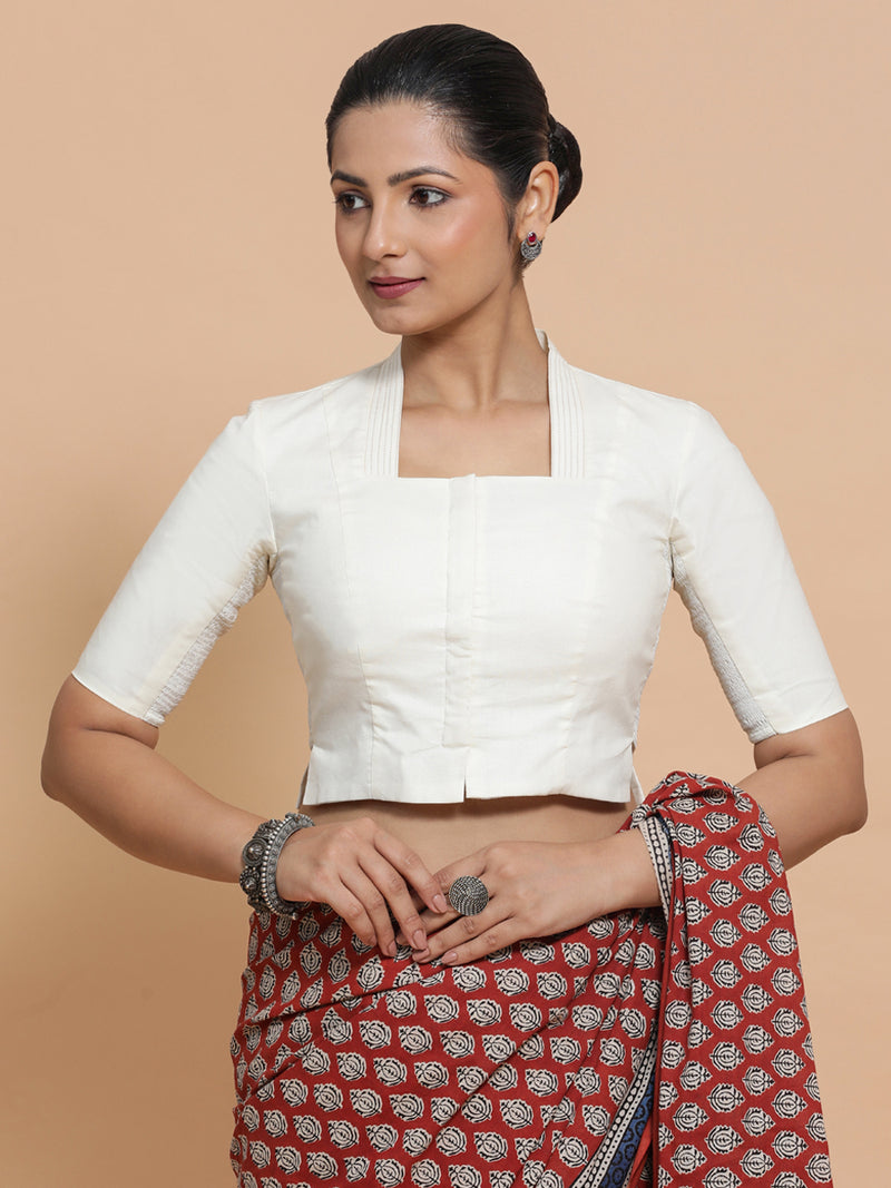 Ganga x Rozaana | Stylised Neck Ivory Mist Plain Cotton Saree Blouse-Binks