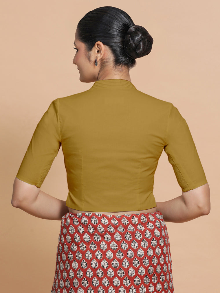 Ganga x Rozaana Saree Blouse, in Yellow Cotton, featuring elbow sleeves and stylised neckline, made for daily & work (view 2).