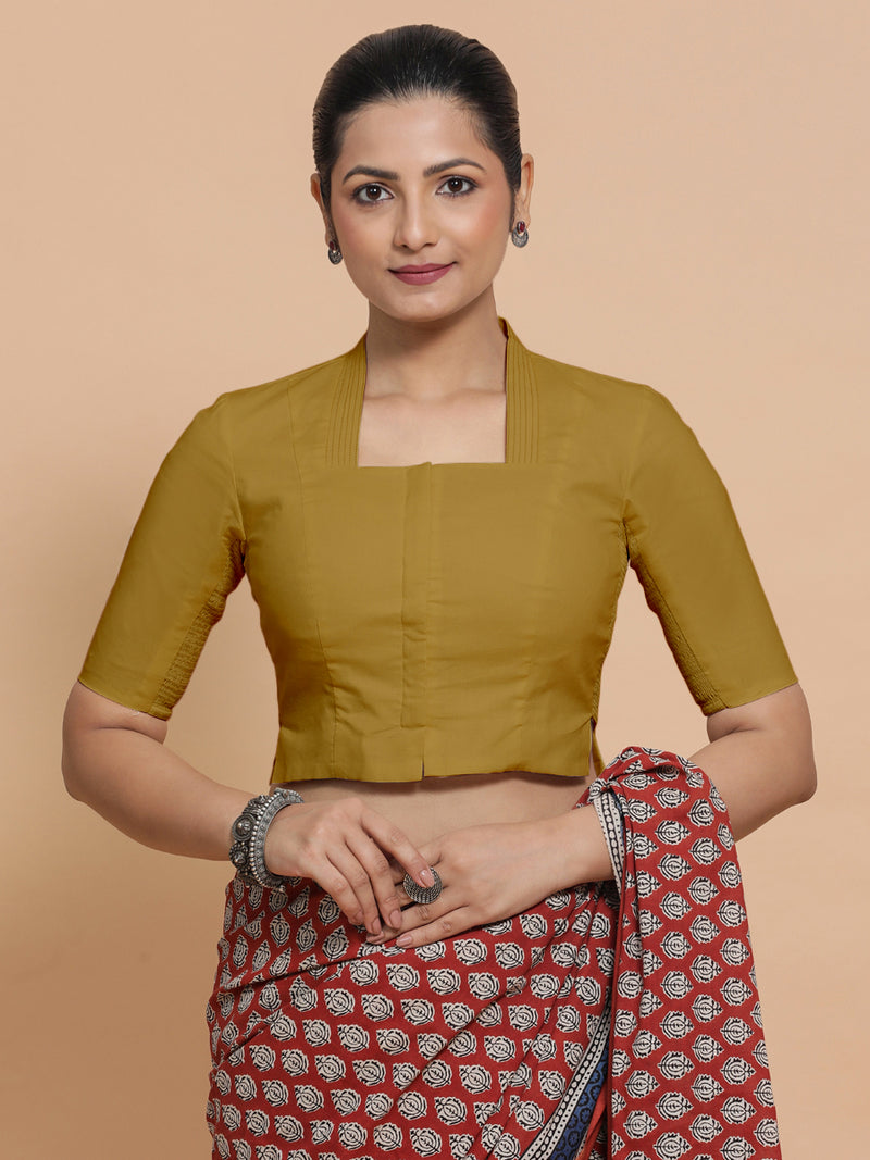 Ganga x Rozaana | Stylised Neck Khaki Plain Cotton Saree Blouse-Binks