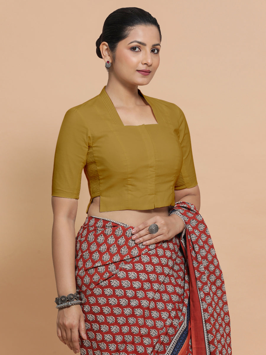 Ganga x Rozaana Saree Blouse, in Yellow Cotton, featuring elbow sleeves and stylised neckline, made for daily & work (view 7).