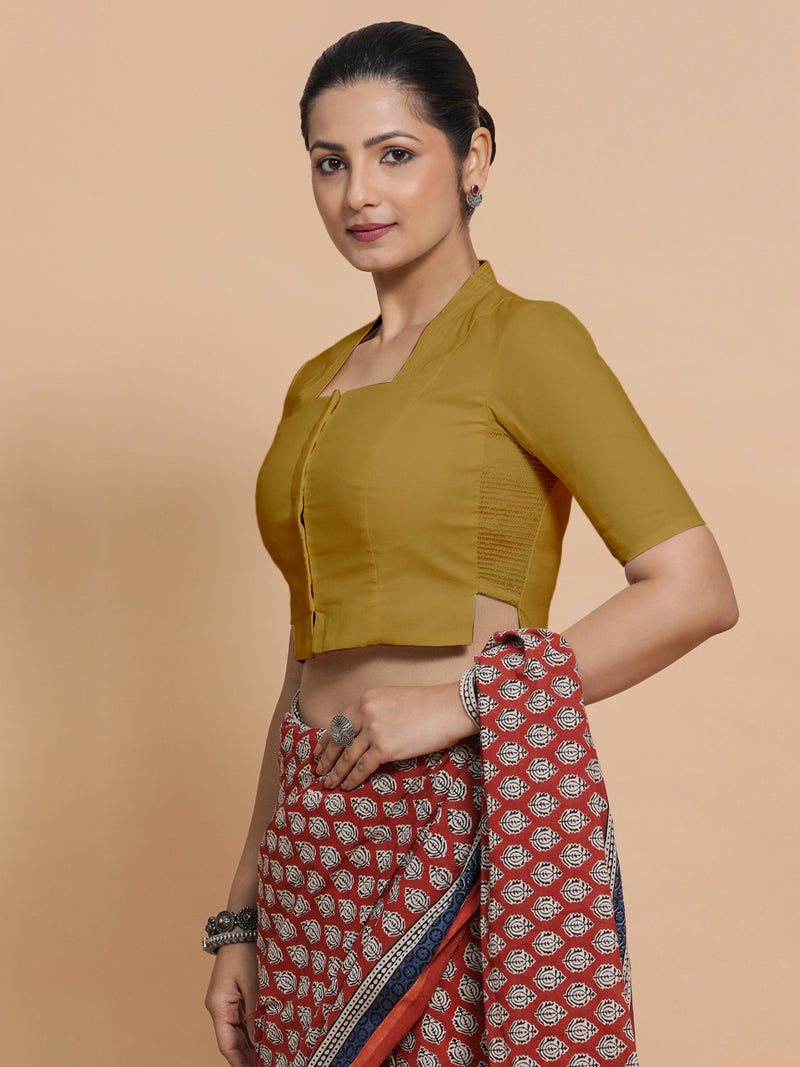 Ganga x Rozaana | Stylised Neck Khaki Plain Cotton Saree Blouse-Binks