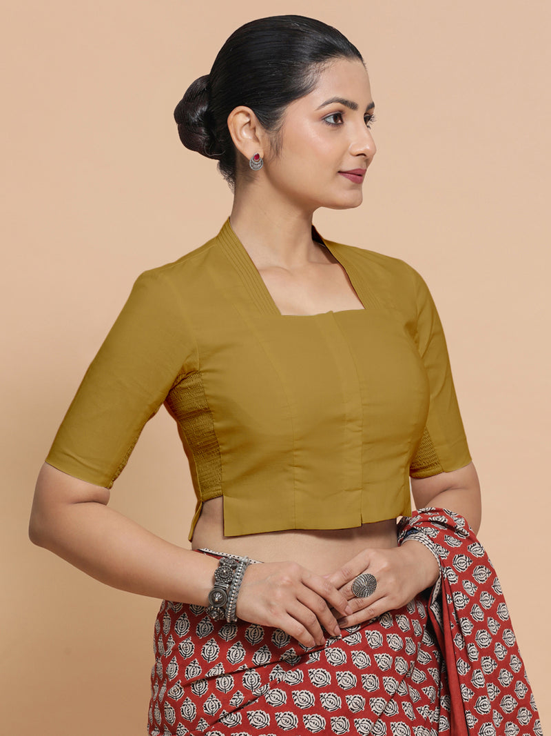 Ganga x Rozaana | Stylised Neck Khaki Plain Cotton Saree Blouse-Binks