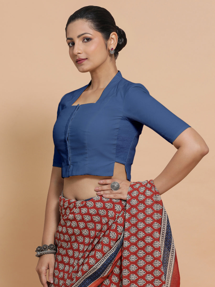 Ganga x Rozaana Saree Blouse, in Blue 100% Cotton - Solid, featuring elbow sleeves and stylised neckline.