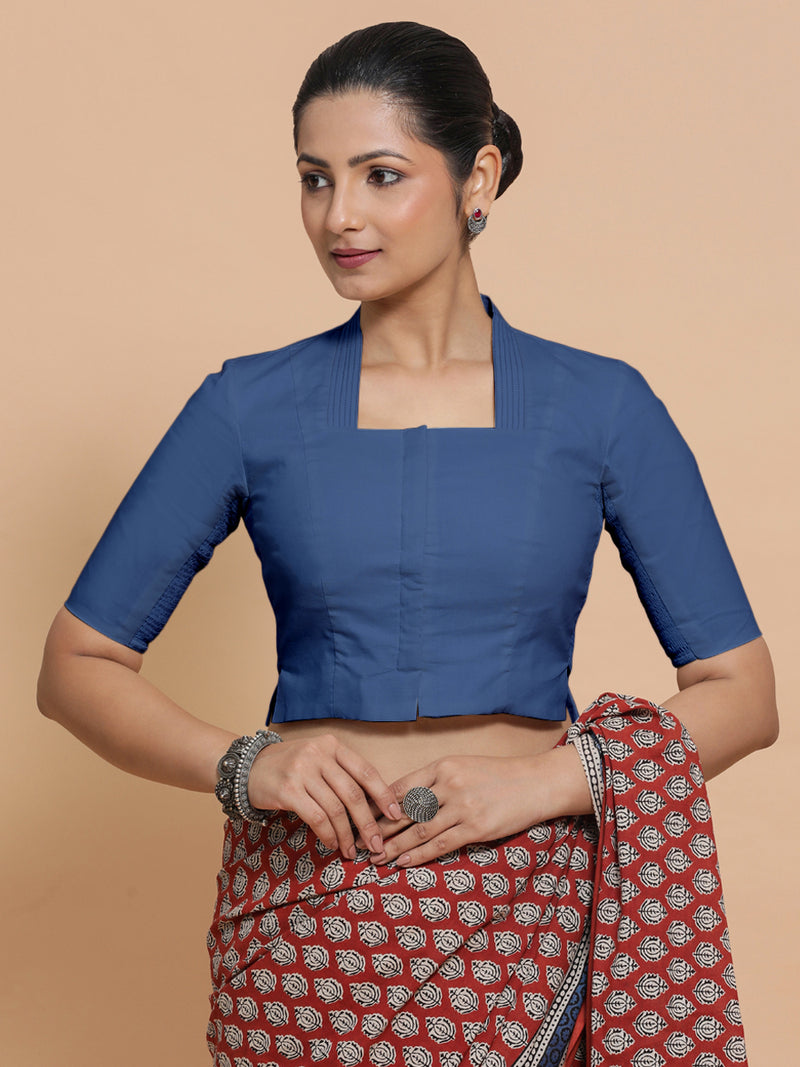 Ganga x Rozaana | Elbow Sleeves Saree Blouse in Lapis Blue Plain Cotton-Binks