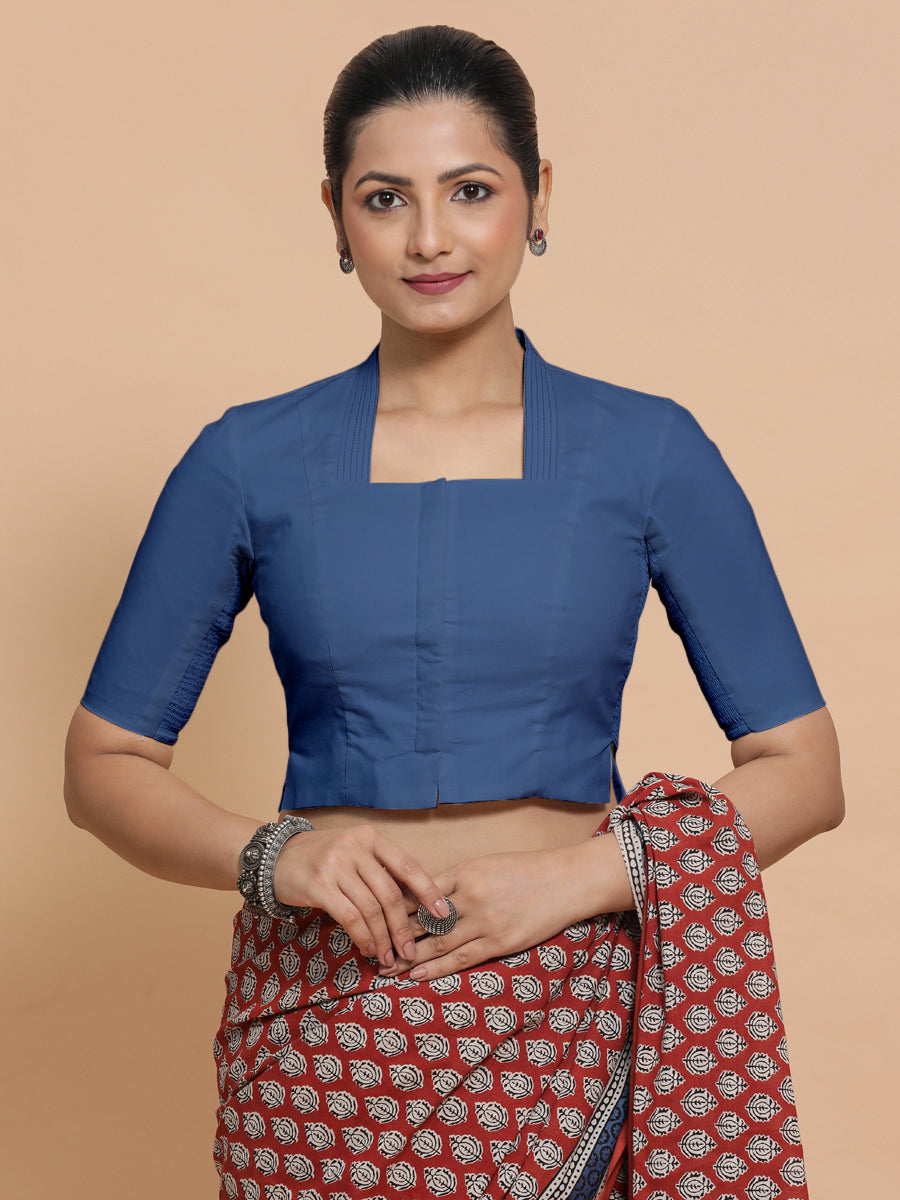 Ganga x Rozaana Saree Blouse, in Blue 100% Cotton - Solid, featuring elbow sleeves and stylised neckline (view 6).