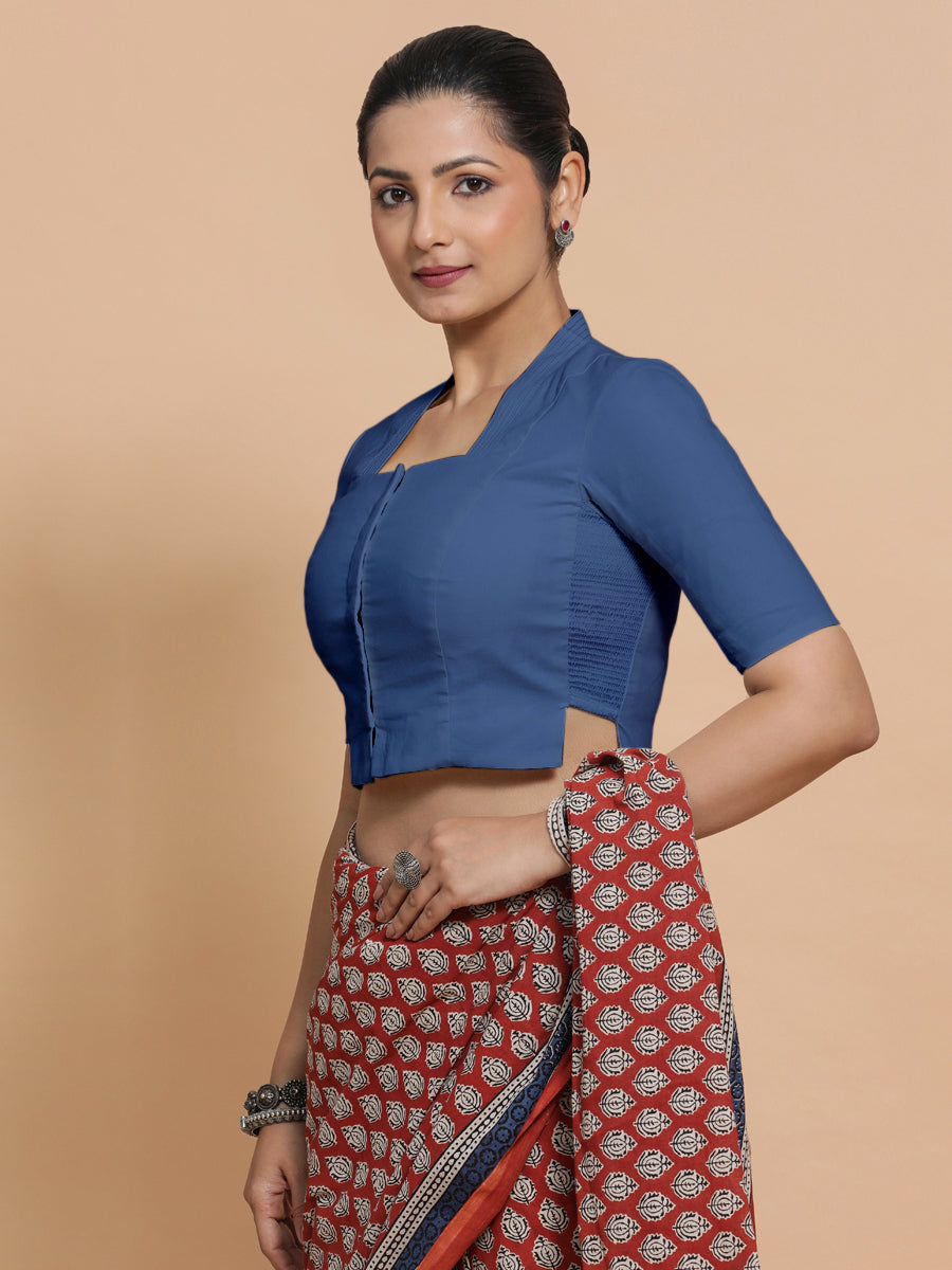 Ganga x Rozaana Saree Blouse, in Blue 100% Cotton - Solid, featuring elbow sleeves and stylised neckline (view 8).