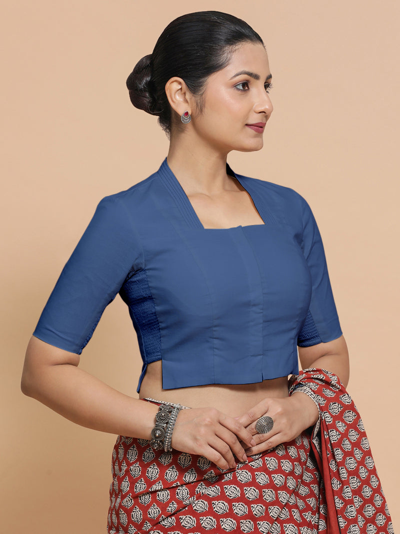 Ganga x Rozaana | Elbow Sleeves Saree Blouse in Lapis Blue Plain Cotton-Binks