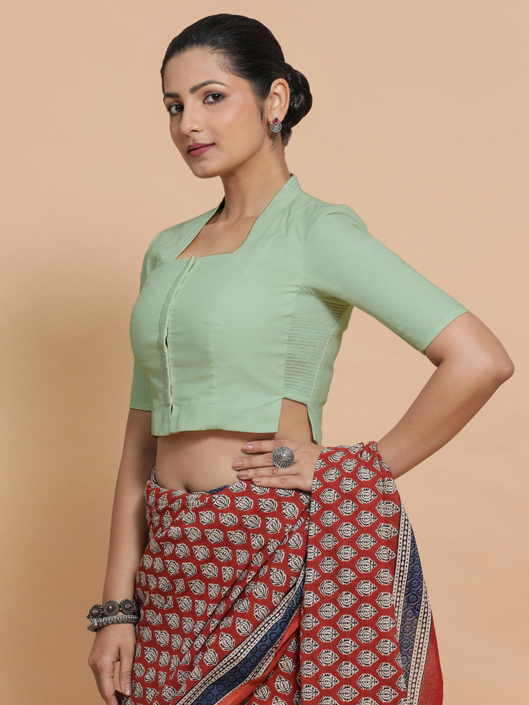 Ganga x Rozaana Saree Blouse, in Green Cotton, featuring elbow sleeves and stylised neckline, made for daily & work.