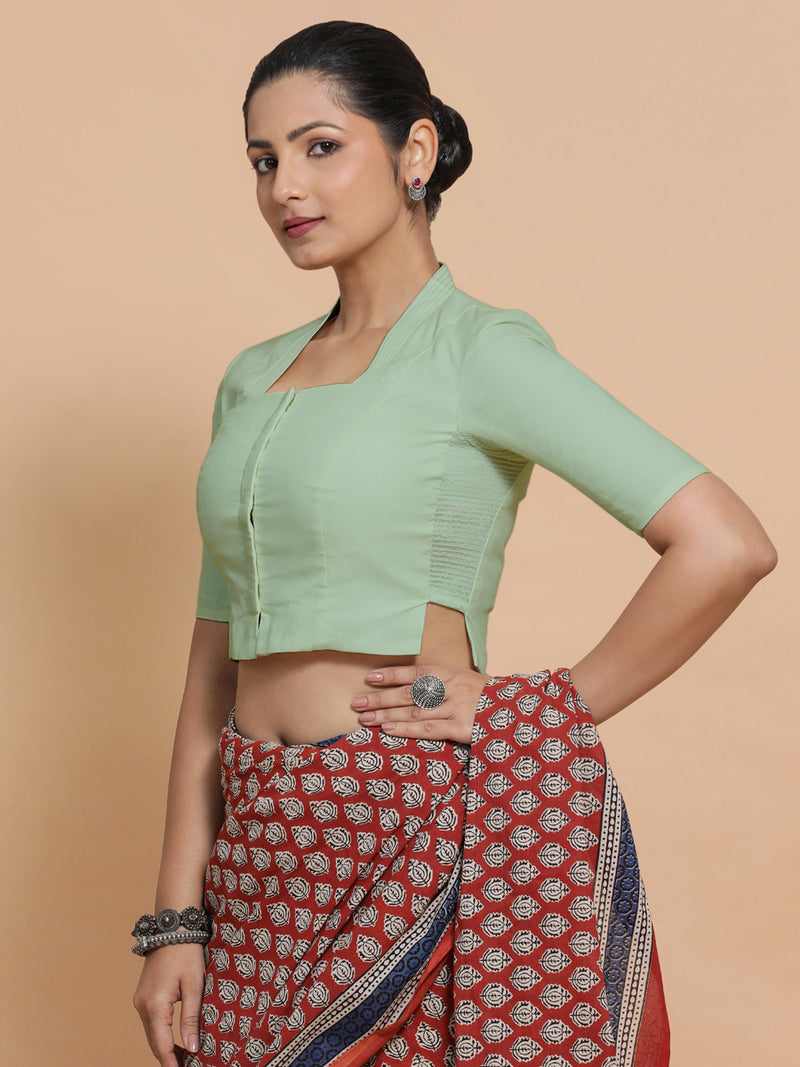 Ganga x Rozaana | Stylised Neck Light Sage Plain Cotton Saree Blouse-Binks