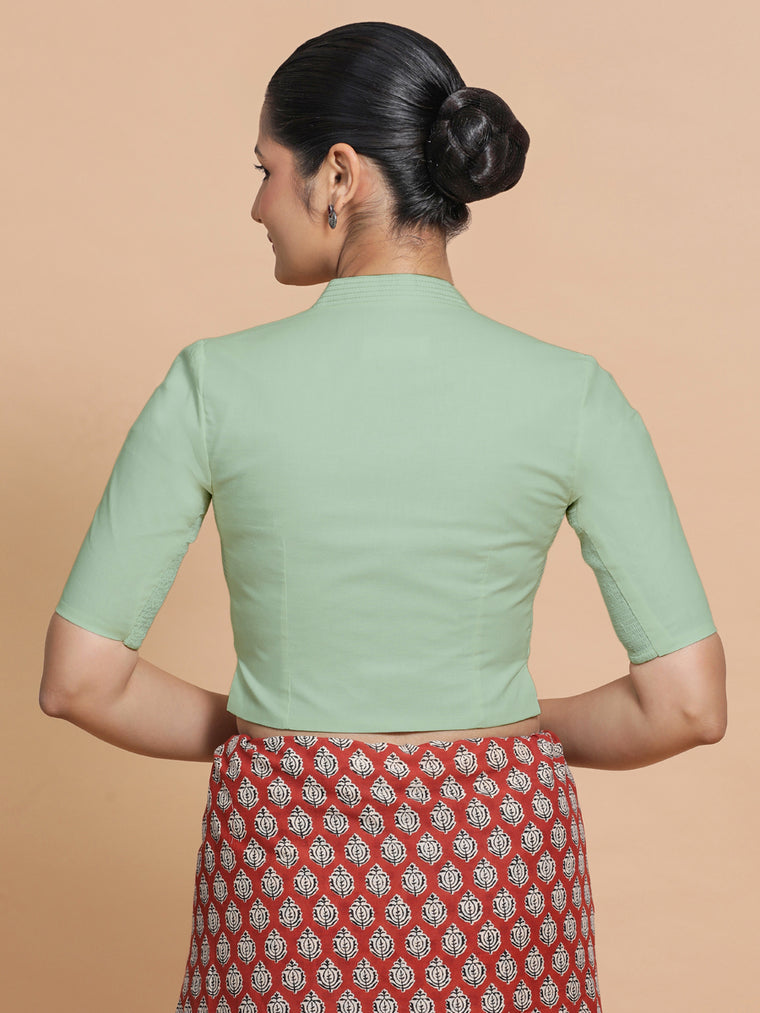 Ganga x Rozaana Saree Blouse, in Green Cotton, featuring elbow sleeves and stylised neckline, made for daily & work (view 2).