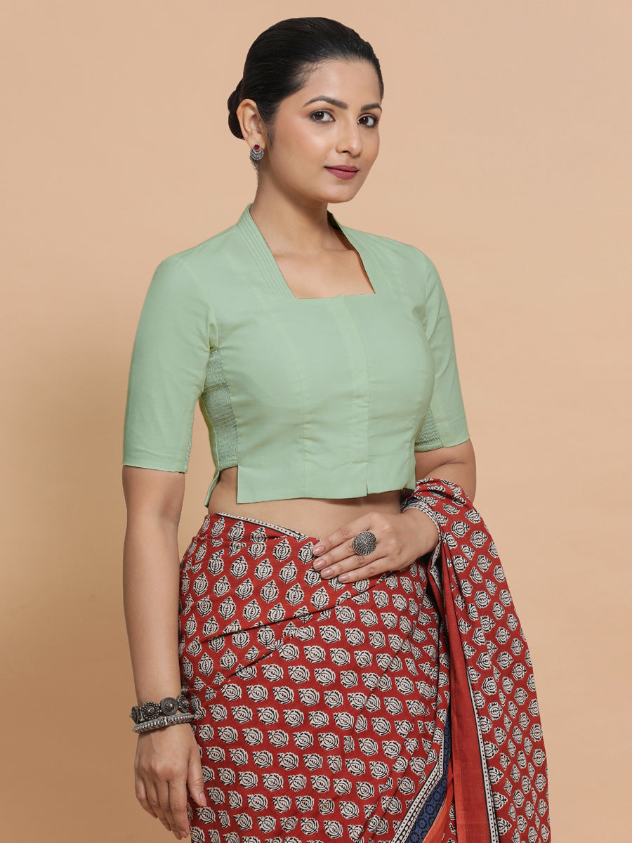Ganga x Rozaana Saree Blouse, in Green Cotton, featuring elbow sleeves and stylised neckline, made for daily & work (view 7).