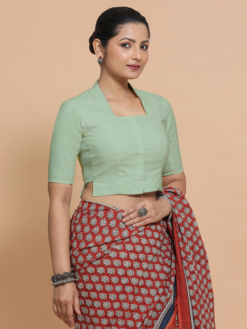 Ganga x Rozaana | Stylised Neck Light Sage Plain Cotton Saree Blouse-Binks