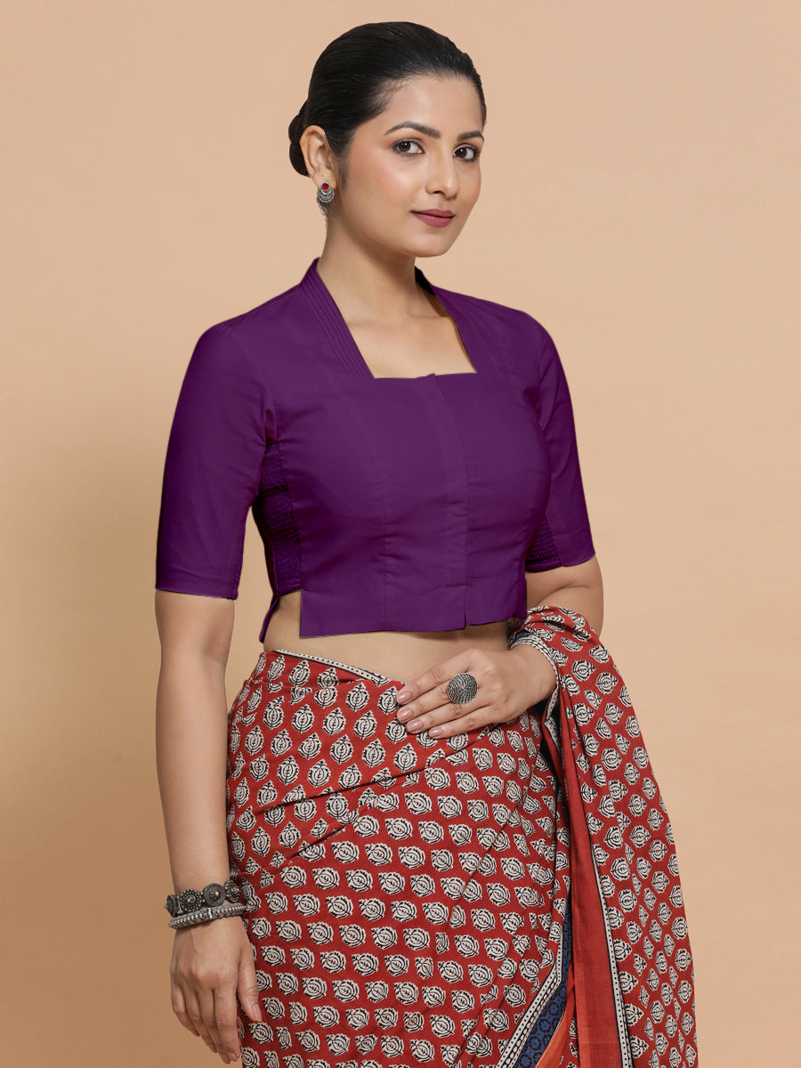 Ganga x Rozaana Saree Blouse, in Purple Cotton, featuring elbow sleeves and stylised neckline, made for daily & work.