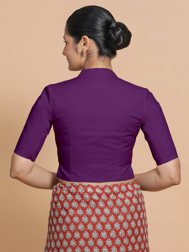 Ganga x Rozaana Saree Blouse, in Purple Cotton, featuring elbow sleeves and stylised neckline, made for daily & work (view 2).