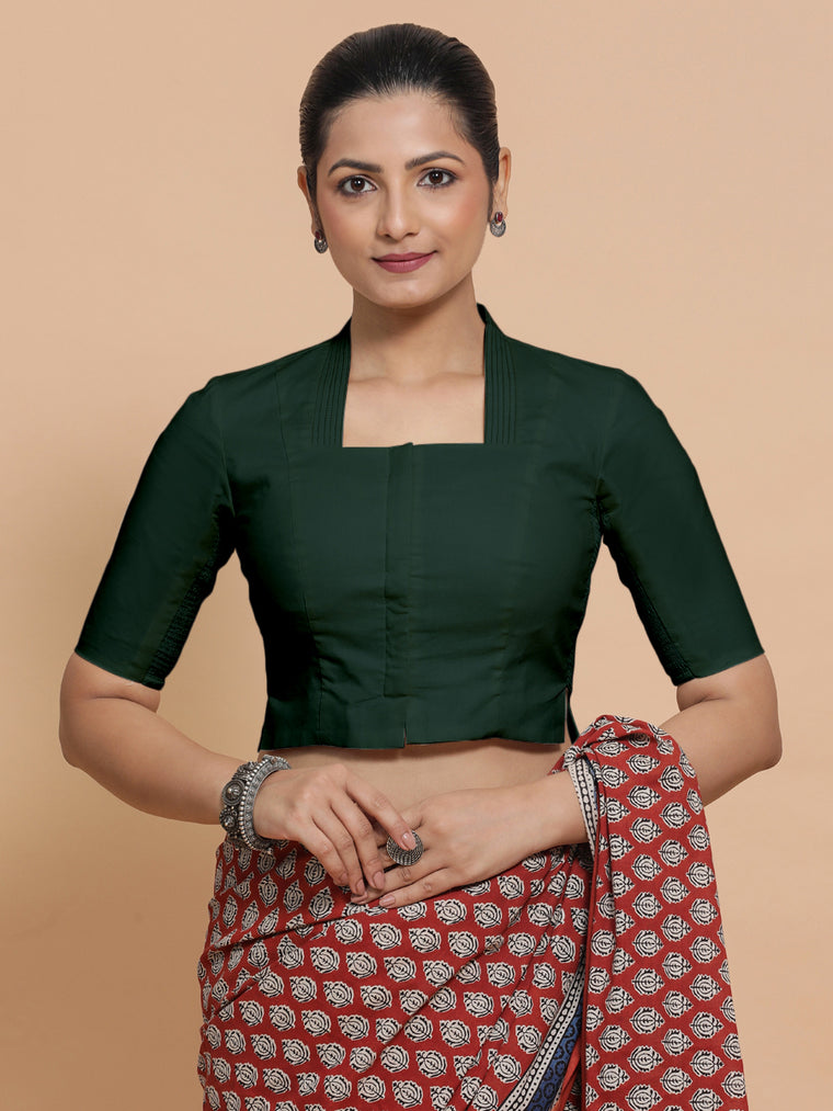 Ganga x Rozaana Saree Blouse, in Green Cotton, featuring elbow sleeves and stylised neckline, made for daily & work.