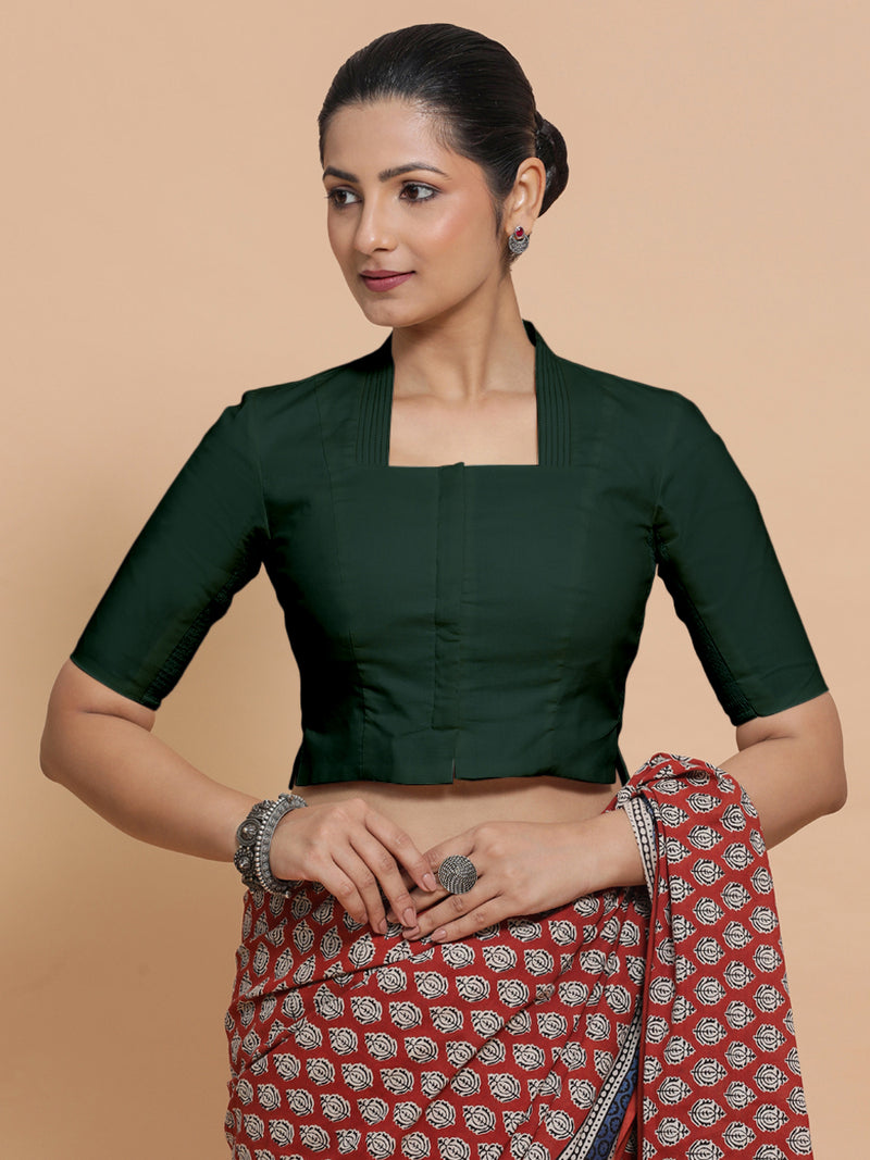 Ganga x Rozaana | Stylised Neck Moss Green Plain Cotton Saree Blouse-Binks