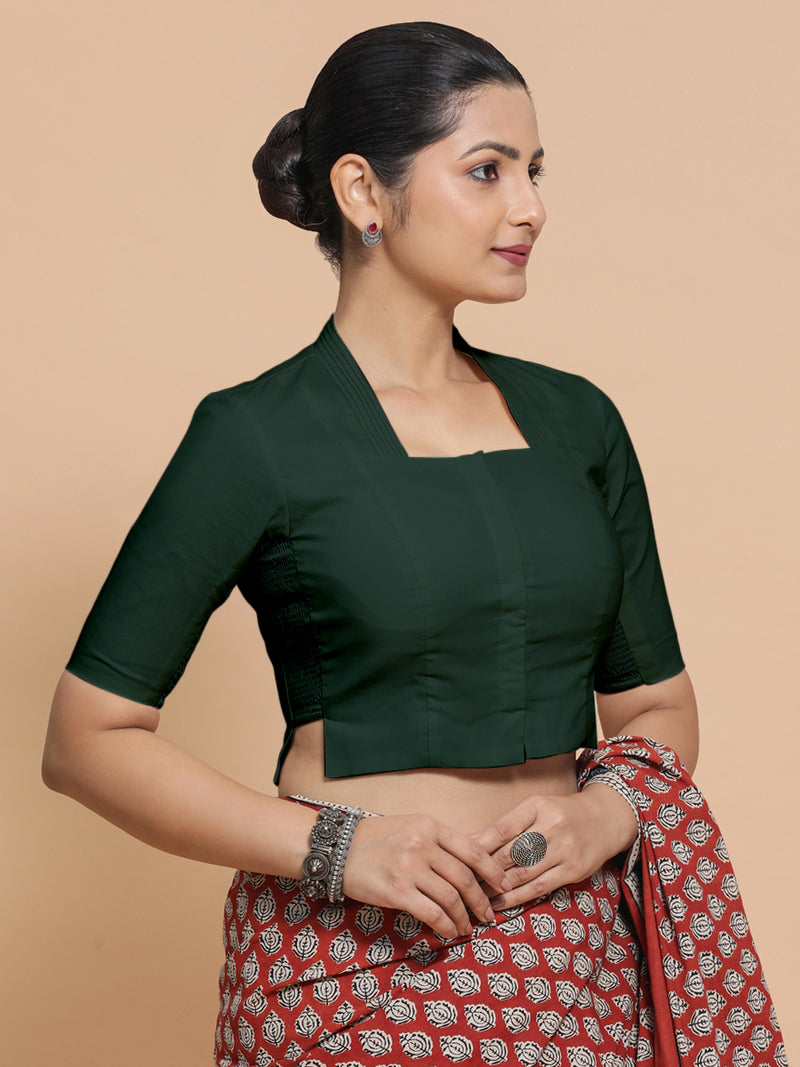 Ganga x Rozaana | Stylised Neck Moss Green Plain Cotton Saree Blouse-Binks