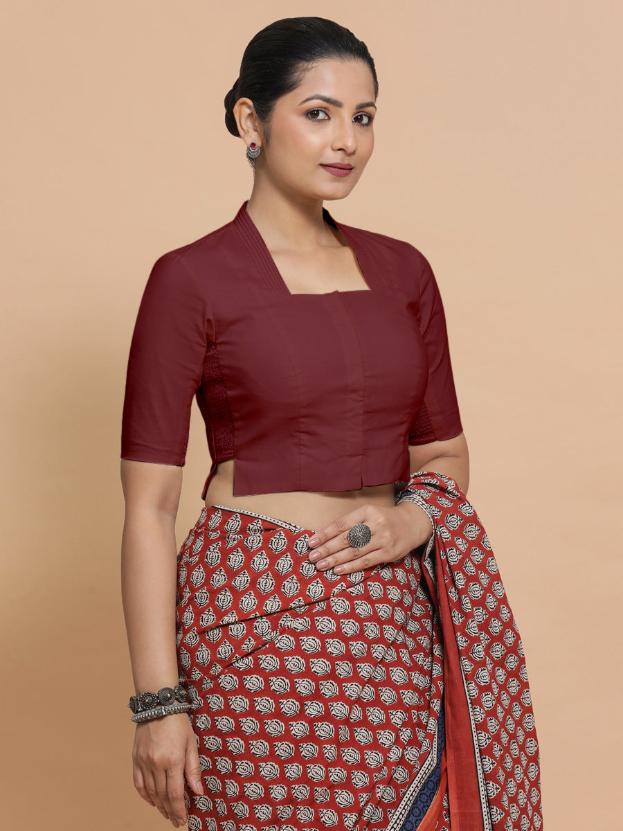 Ganga x Rozaana Saree Blouse, in Maroon Cotton, featuring elbow sleeves and stylised neckline, made for daily & work.