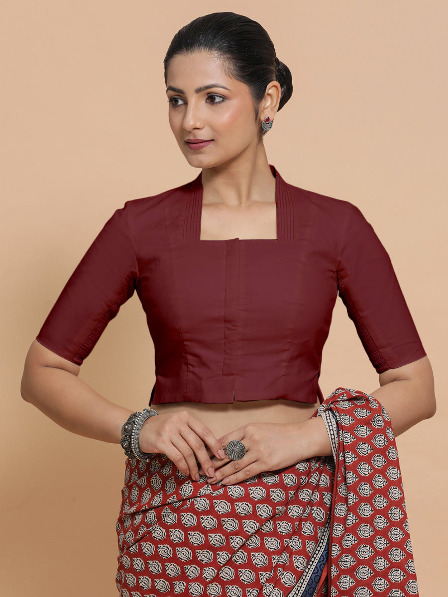 Ganga x Rozaana Saree Blouse, in Maroon Cotton, featuring elbow sleeves and stylised neckline, made for daily & work (view 5).