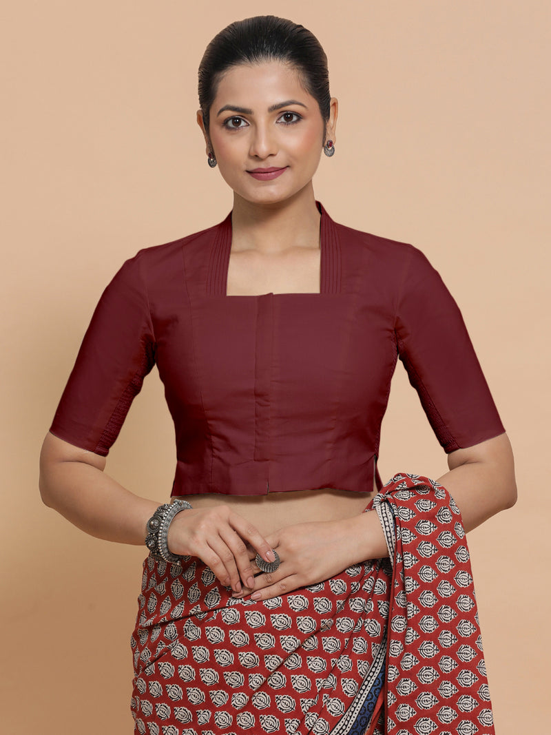 Ganga x Rozaana | Stylised Neck Royal Maroon Plain Cotton Saree Blouse-Binks