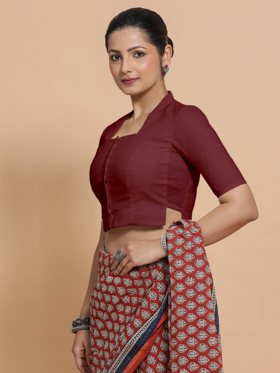 Ganga x Rozaana Saree Blouse, in Maroon Cotton, featuring elbow sleeves and stylised neckline, made for daily & work (view 8).