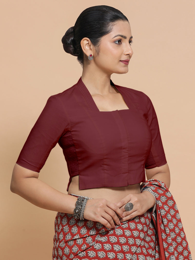 Ganga x Rozaana | Stylised Neck Royal Maroon Plain Cotton Saree Blouse-Binks