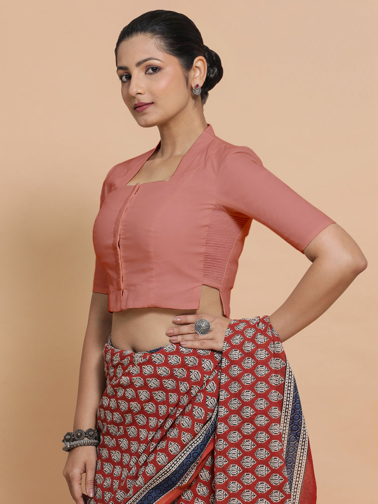 Ganga x Rozaana Saree Blouse, in Peach Cotton, featuring elbow sleeves and stylised neckline, made for daily & work.