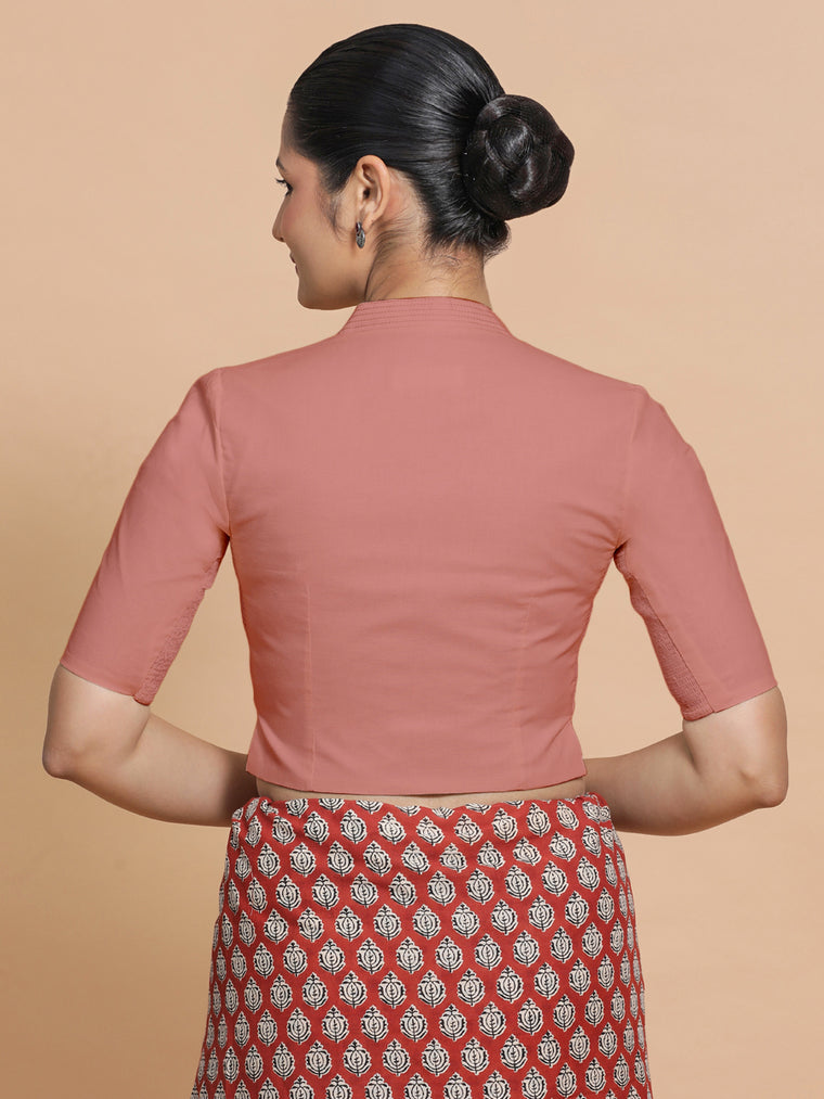 Ganga x Rozaana Saree Blouse, in Peach Cotton, featuring elbow sleeves and stylised neckline, made for daily & work (view 2).