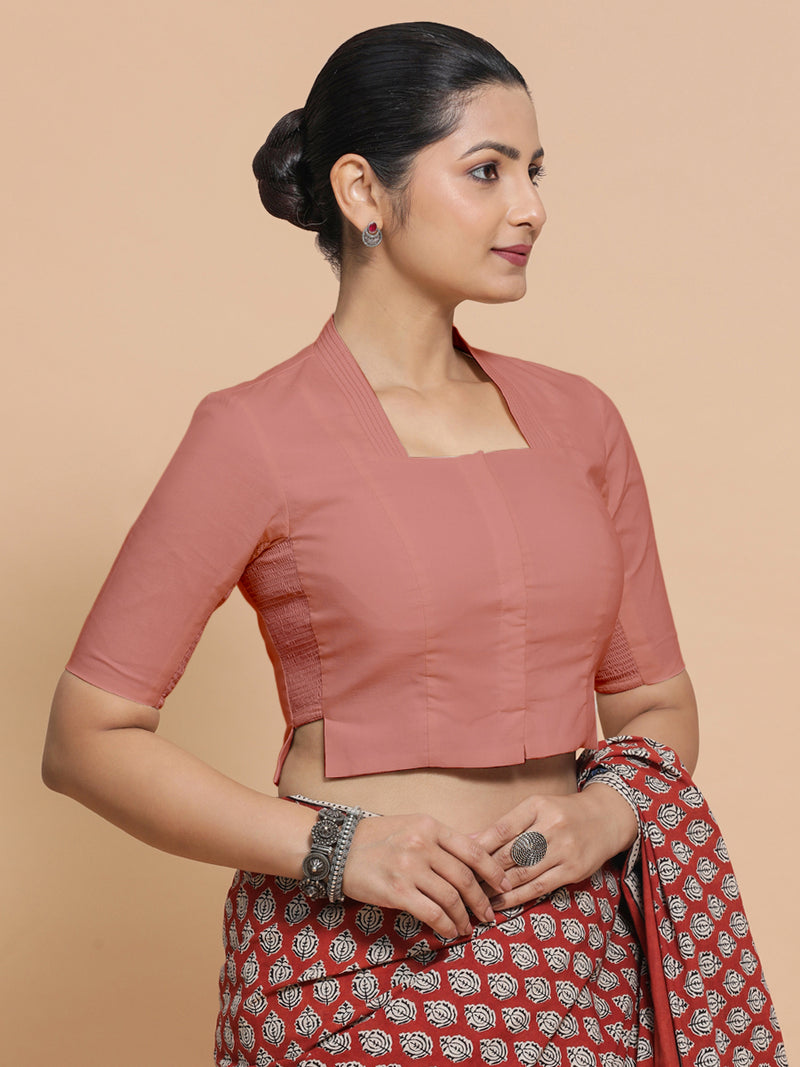 Ganga x Rozaana | Stylised Neck Soft Peach Plain Cotton Saree Blouse-Binks