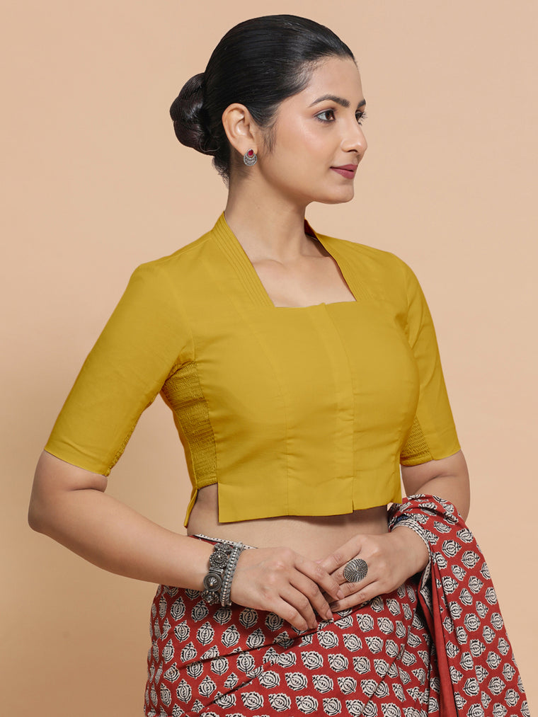 Ganga x Rozaana Saree Blouse, in Yellow Cotton, featuring elbow sleeves and stylised neckline, made for daily & work.
