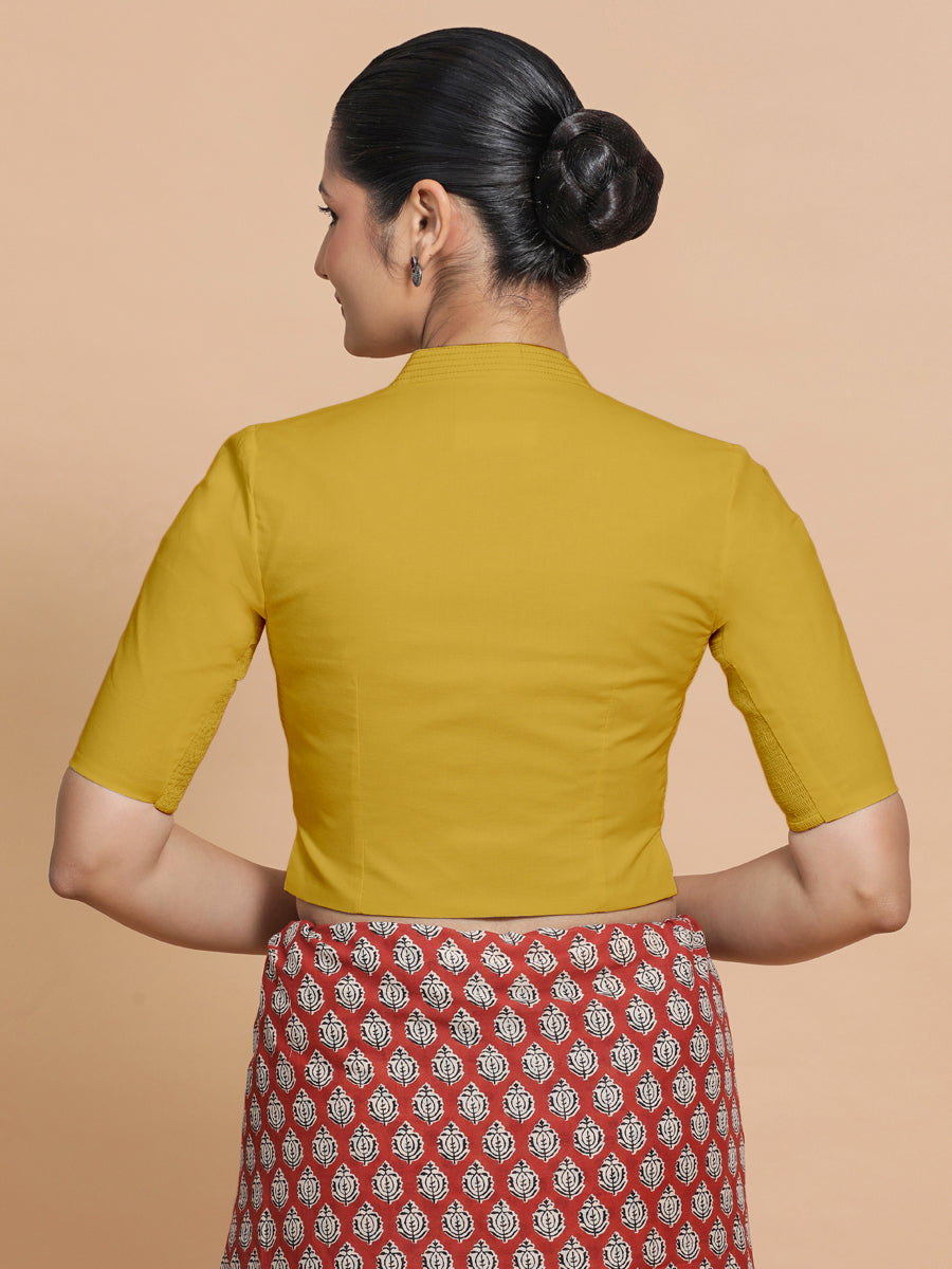 Ganga x Rozaana Saree Blouse, in Yellow Cotton, featuring elbow sleeves and stylised neckline, made for daily & work (view 2).