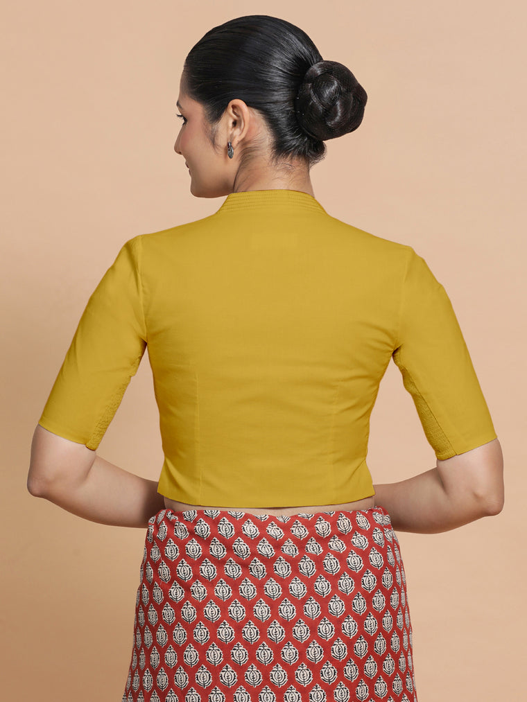 Ganga x Rozaana Saree Blouse, in Yellow Cotton, featuring elbow sleeves and stylised neckline, made for daily & work (view 2).