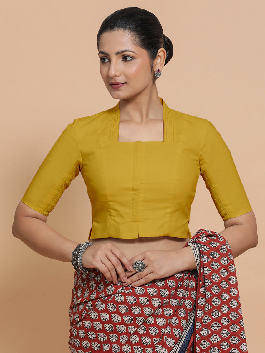 Ganga x Rozaana Saree Blouse, in Yellow Cotton, featuring elbow sleeves and stylised neckline, made for daily & work (view 5).