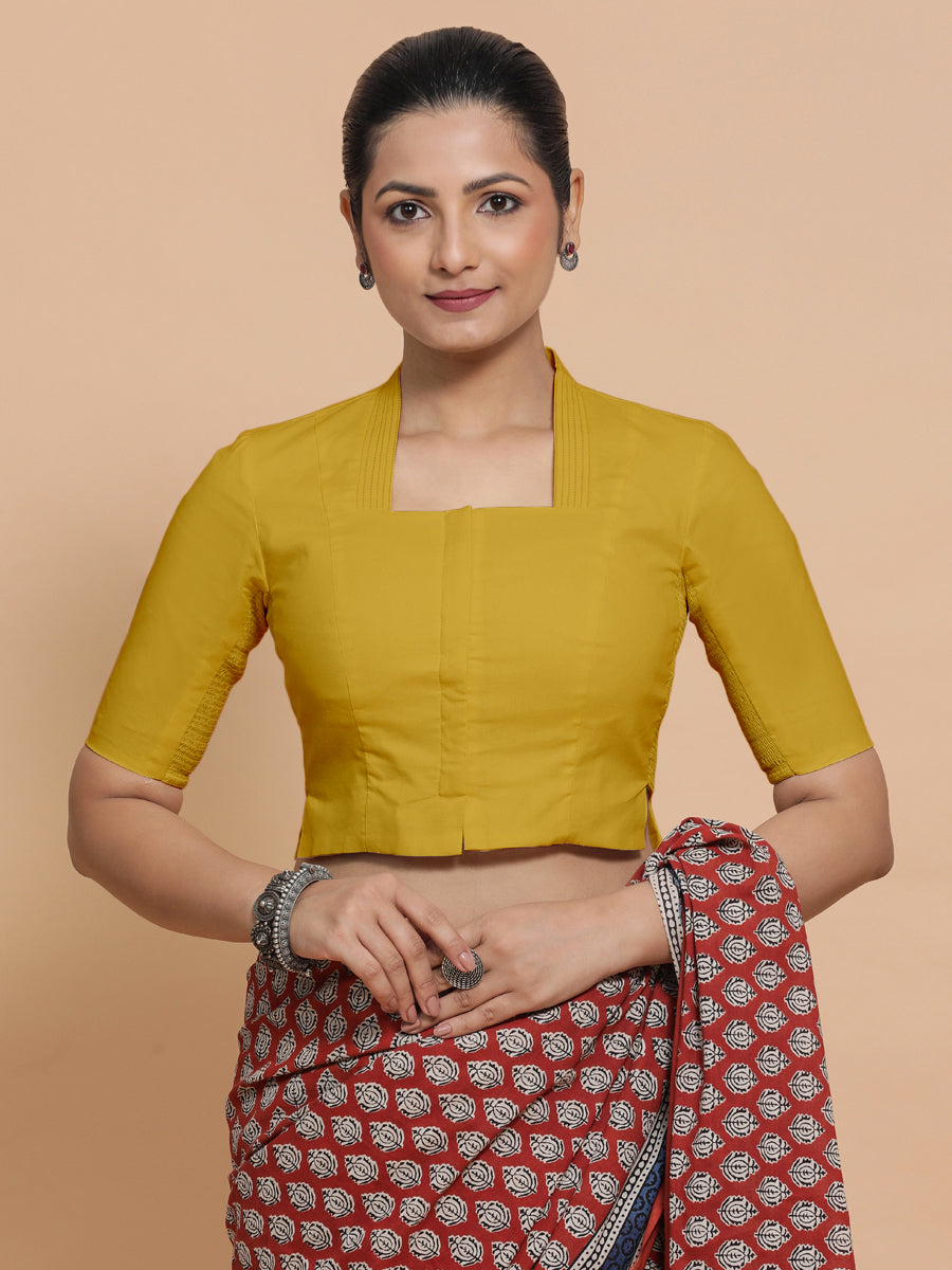 Ganga x Rozaana Saree Blouse, in Yellow Cotton, featuring elbow sleeves and stylised neckline, made for daily & work (view 6).