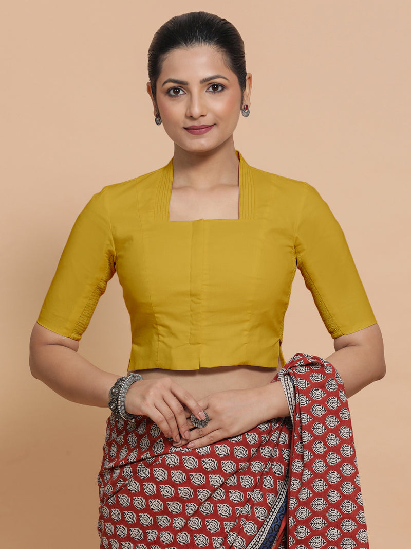 Ganga x Rozaana | Stylised Neck Sunny Yellow Plain Cotton Saree Blouse-Binks