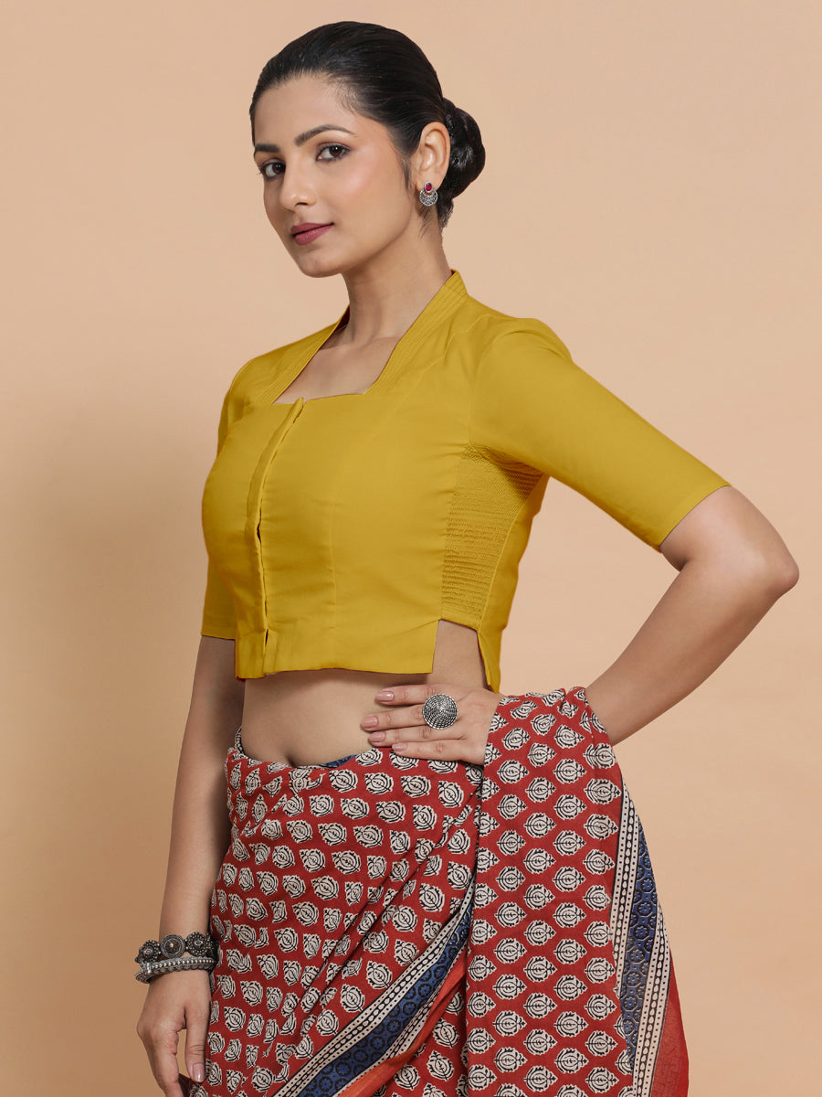 Ganga x Rozaana Saree Blouse, in Yellow Cotton, featuring elbow sleeves and stylised neckline, made for daily & work (view 7).