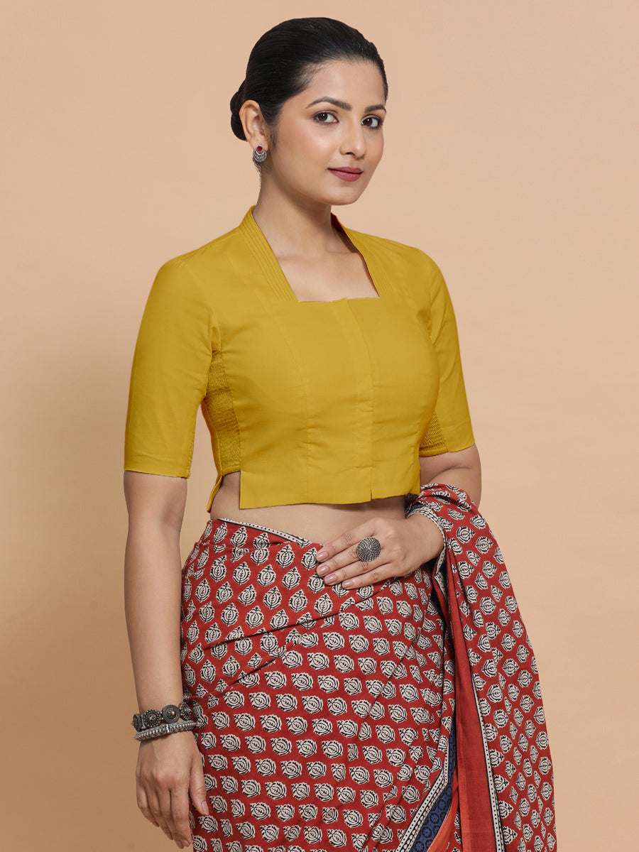 Ganga x Rozaana Saree Blouse, in Yellow Cotton, featuring elbow sleeves and stylised neckline, made for daily & work (view 8).