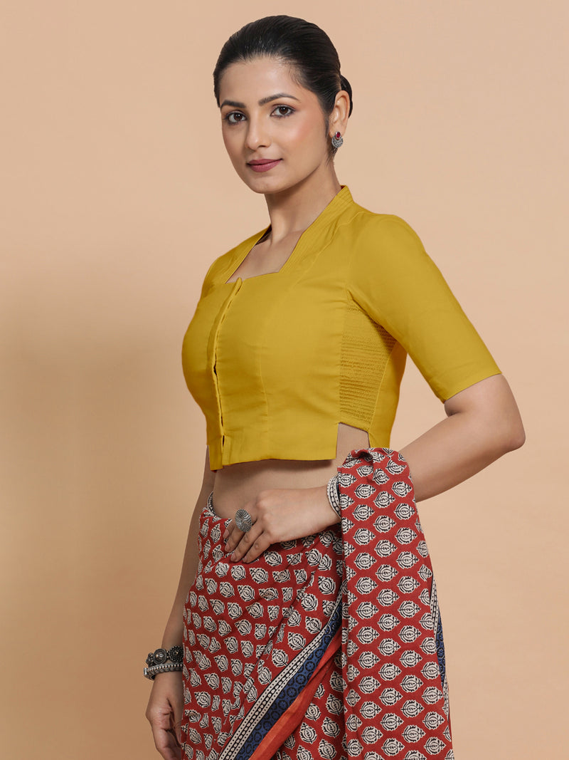 Ganga x Rozaana | Stylised Neck Sunny Yellow Plain Cotton Saree Blouse-Binks