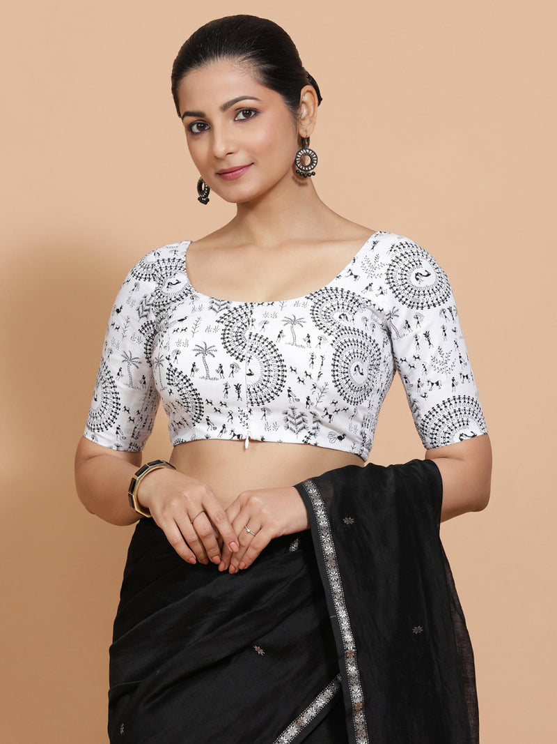 Gargi x Rozaana | Elbow Sleeves Cotton Saree Blouse in White Warli Print Fabric-Binks