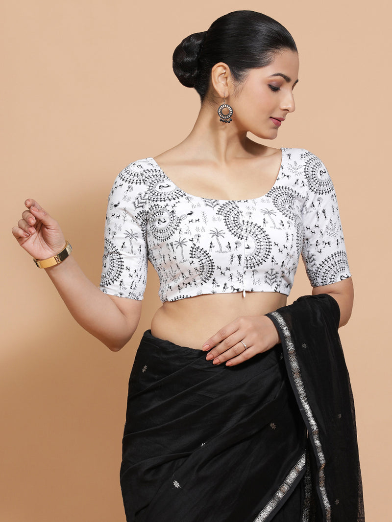 Gargi x Rozaana | Elbow Sleeves Cotton Saree Blouse in White Warli Print Fabric-Binks