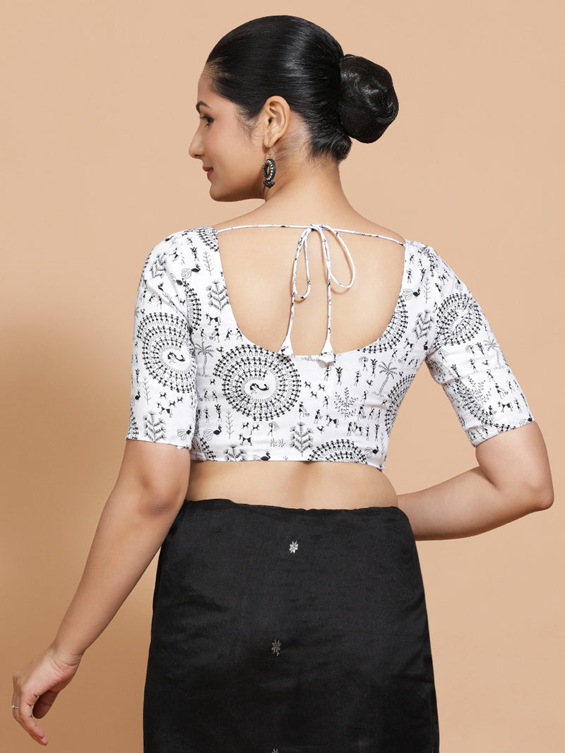 Gargi x Rozaana | Elbow Sleeves Cotton Saree Blouse in White Warli Print Fabric-Binks