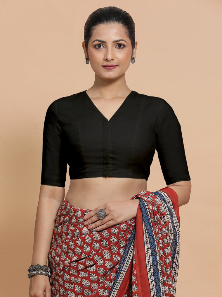 Garima x Rozaana Saree Blouse, in Black Cotton, featuring elbow sleeves and v-neckline, made for daily & work.