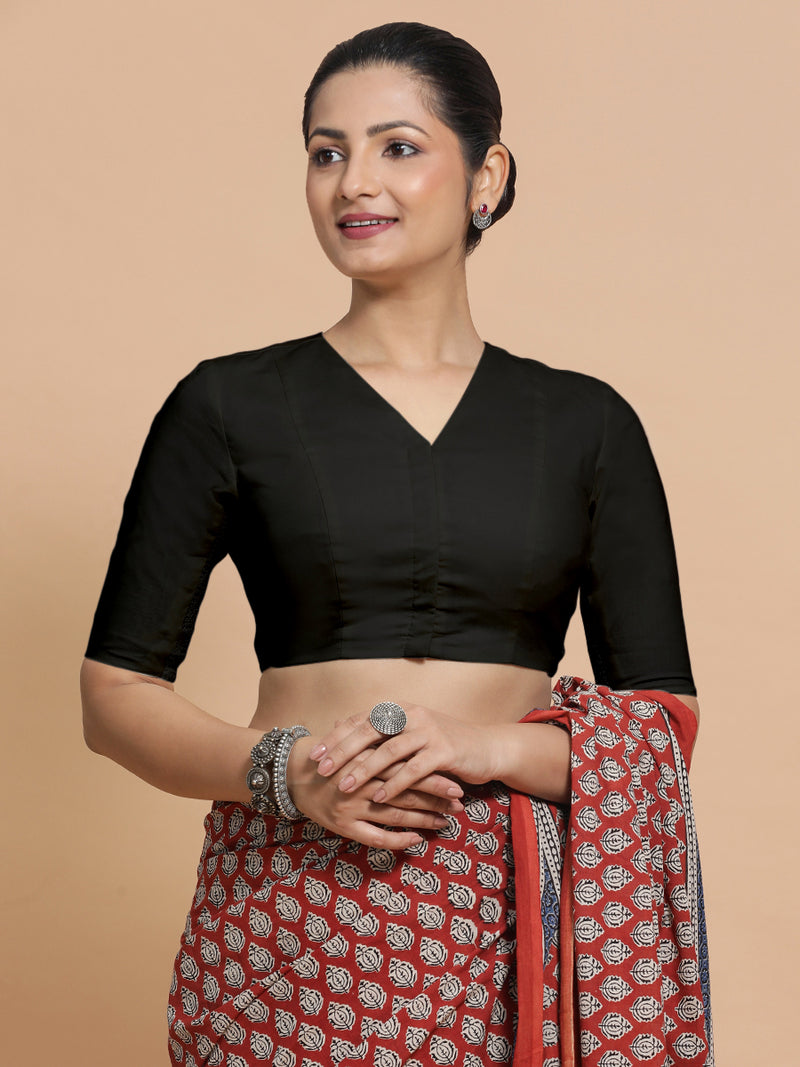 Garima x Rozaana | V-Neck Black Plain Cotton Saree Blouse-Binks