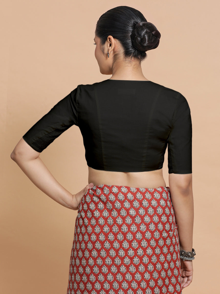 Garima x Rozaana Saree Blouse, in Black Cotton, featuring elbow sleeves and v-neckline, made for daily & work (view 2).