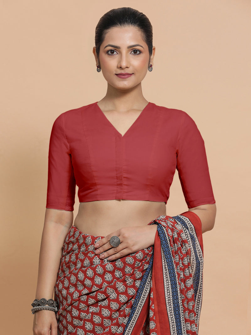 Garima x Rozaana | Elbow Sleeves Saree Blouse in Carmine Red Plain Cotton-Binks