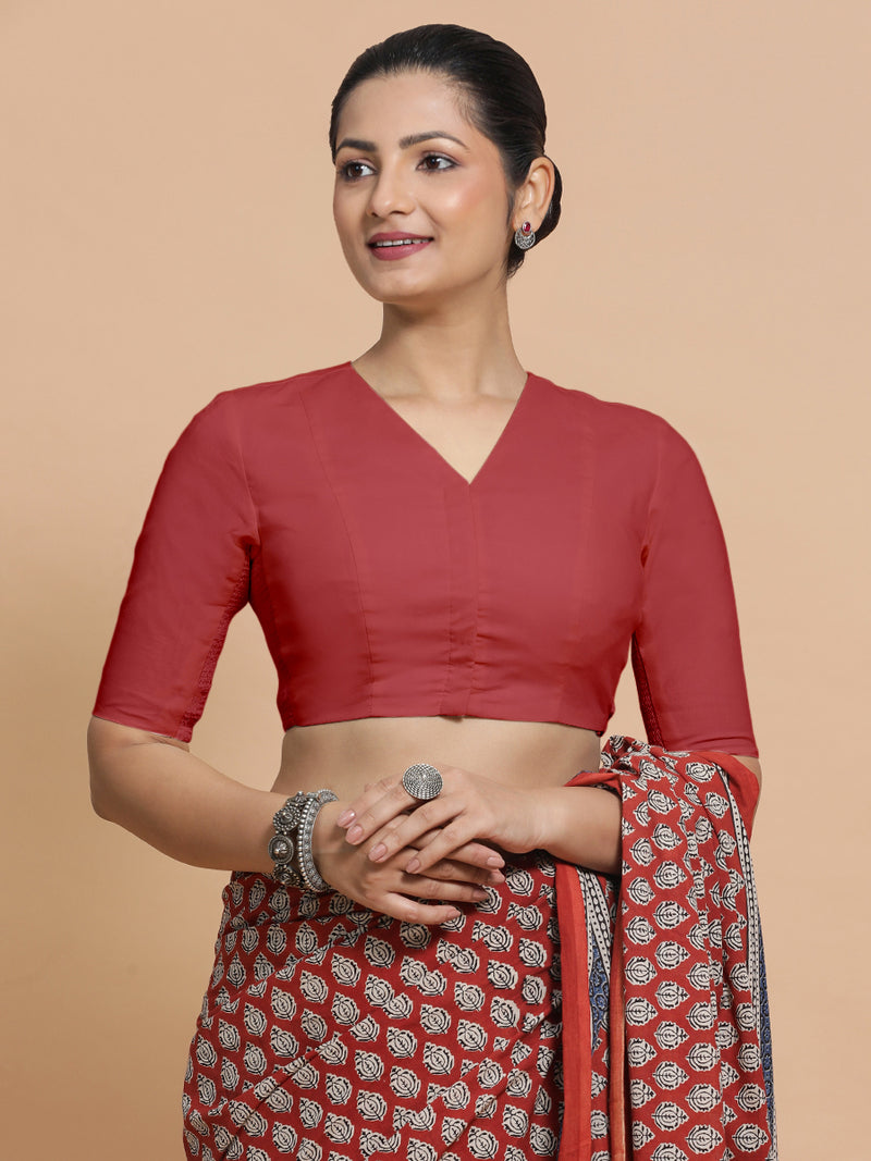 Garima x Rozaana | Elbow Sleeves Saree Blouse in Carmine Red Plain Cotton-Binks