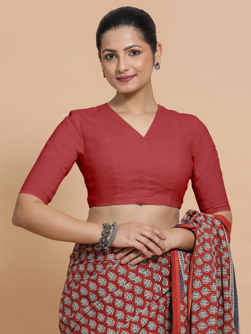 Garima x Rozaana | Elbow Sleeves Saree Blouse in Carmine Red Plain Cotton-Binks