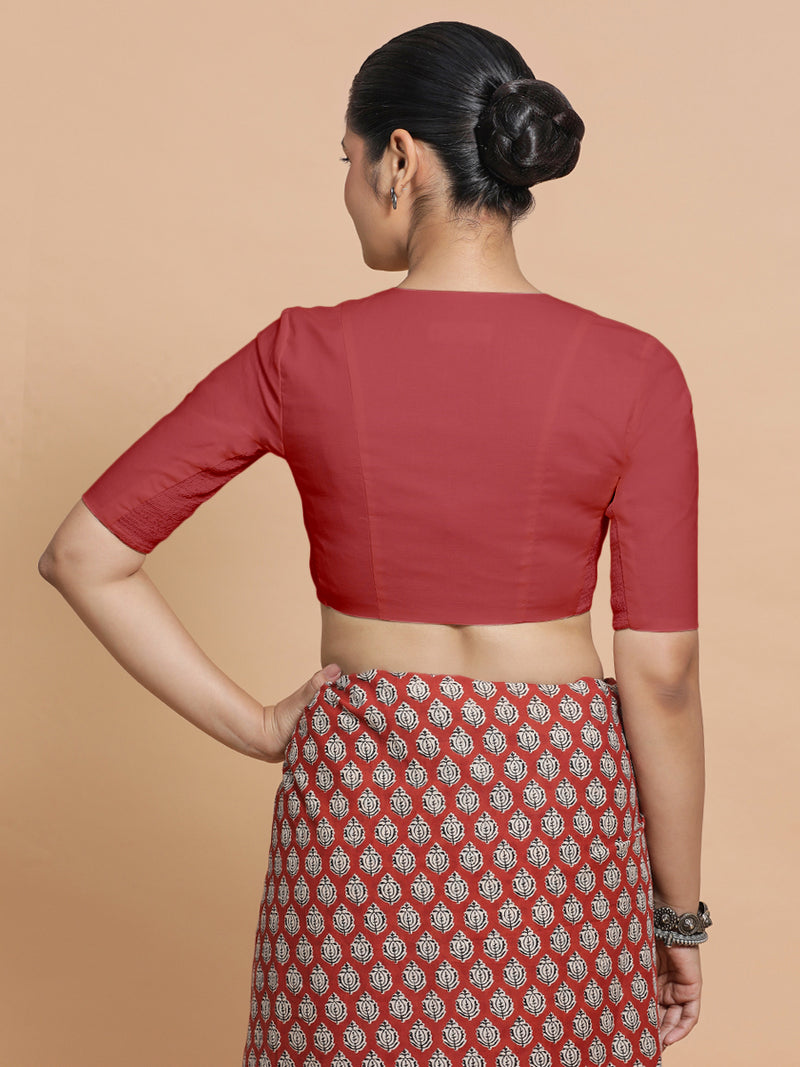 Garima x Rozaana | Elbow Sleeves Saree Blouse in Carmine Red Plain Cotton-Binks